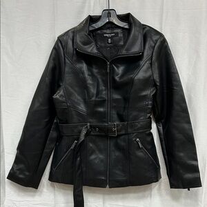 Kenneth Cole New York Black Leather Jacket with Belt